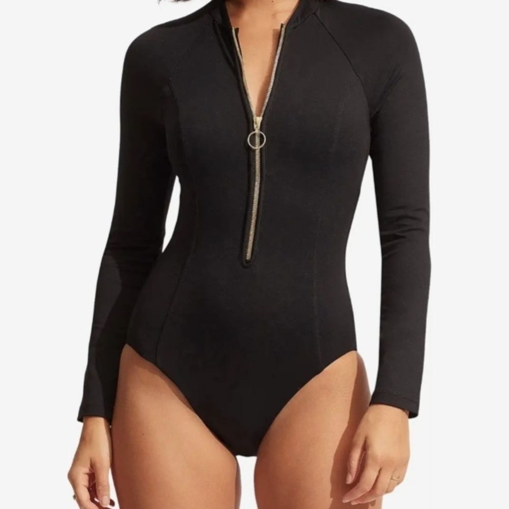 Seafolly Collective NWT Gold Zip Front Black Surfsuit/One Piece Swimsuit Sz US4